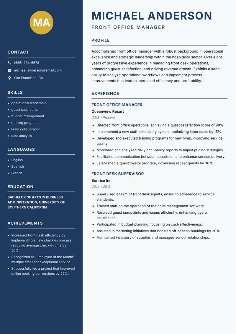 Front Office Manager Resume Preview Example