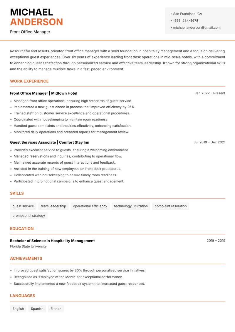 Front Office Manager Resume Template