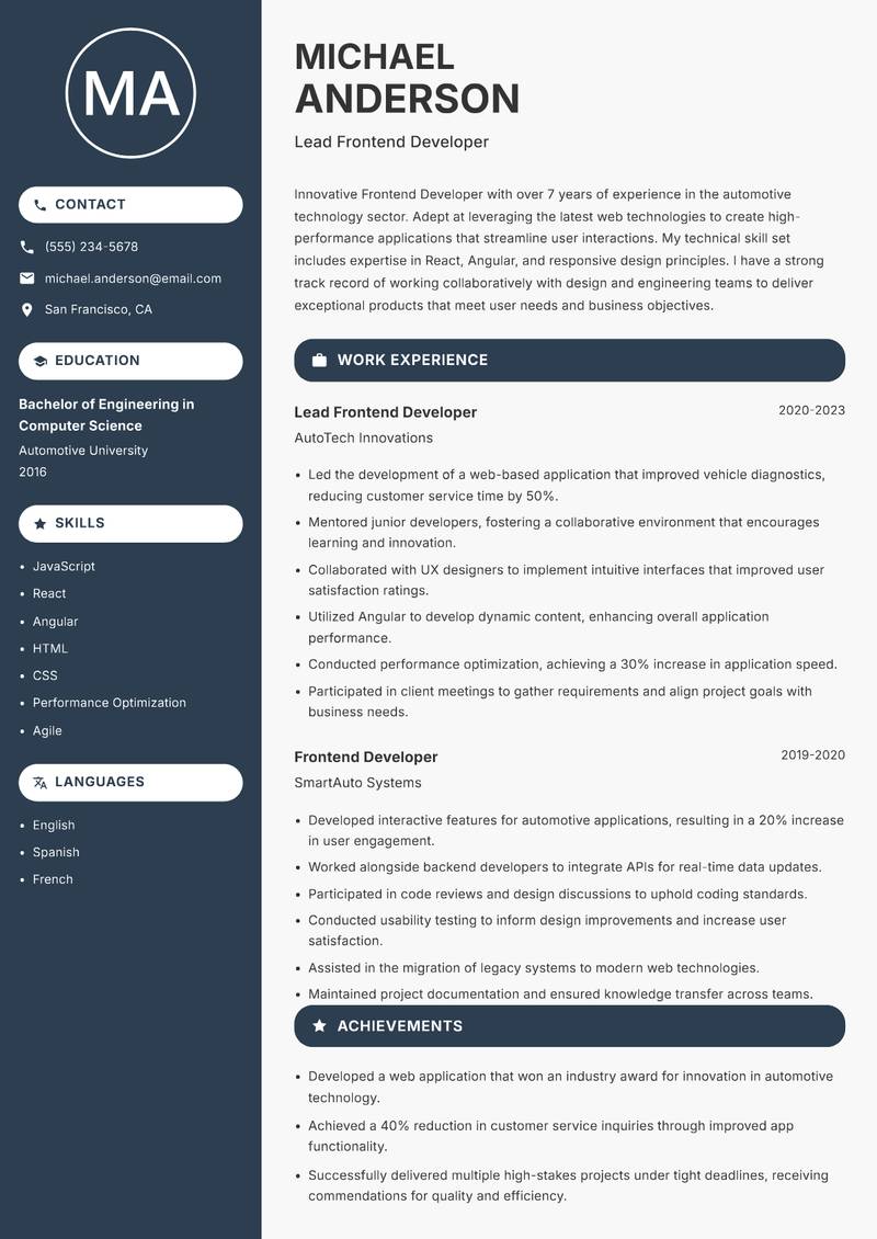 Frontend Developer Resume Preview Example