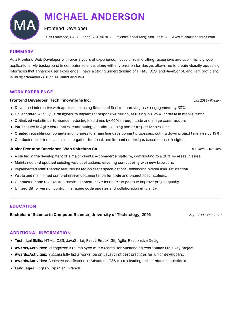 Frontend Web Developer Resume Preview Example