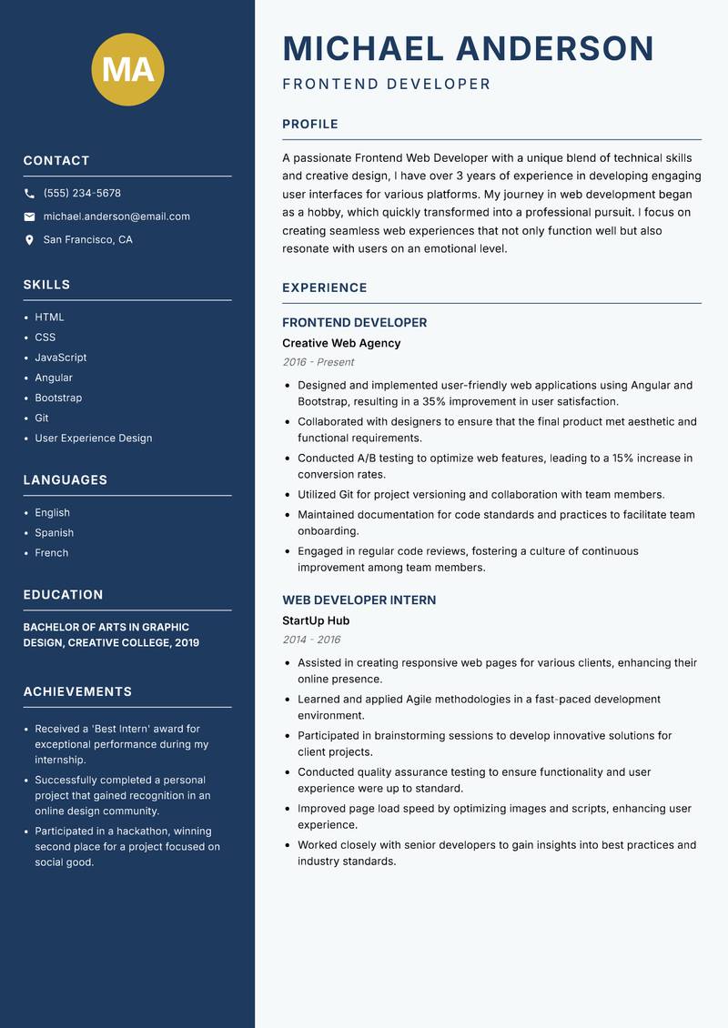 Frontend Web Developer Resume Preview Example
