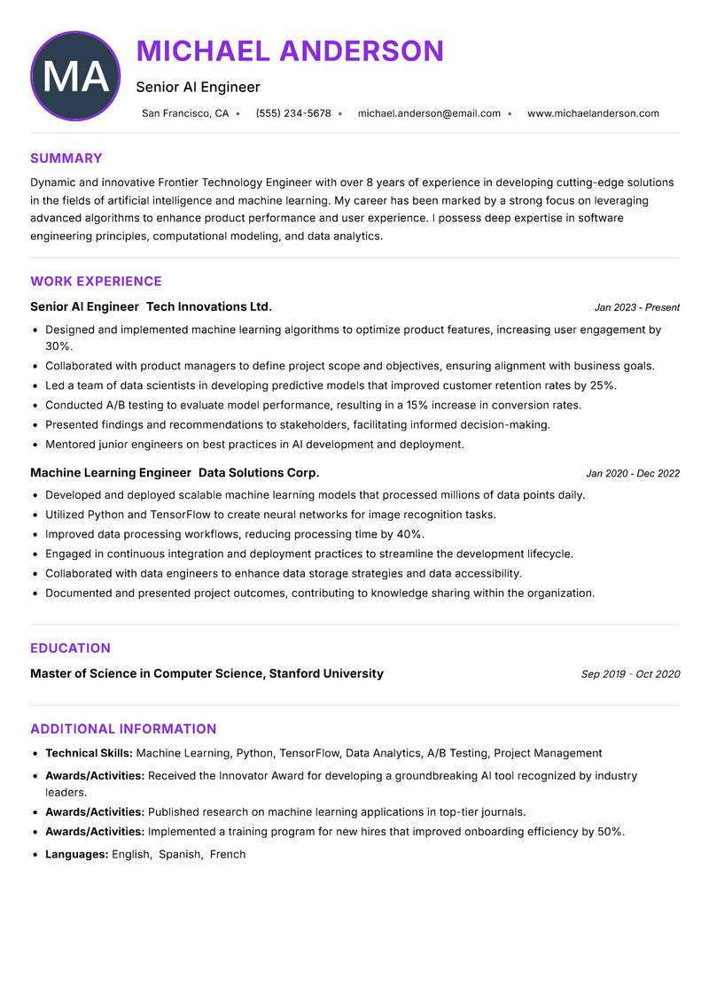 Frontier Technology Engineer Resume Preview Example