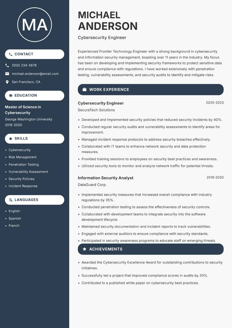 Frontier Technology Engineer Resume Preview Example