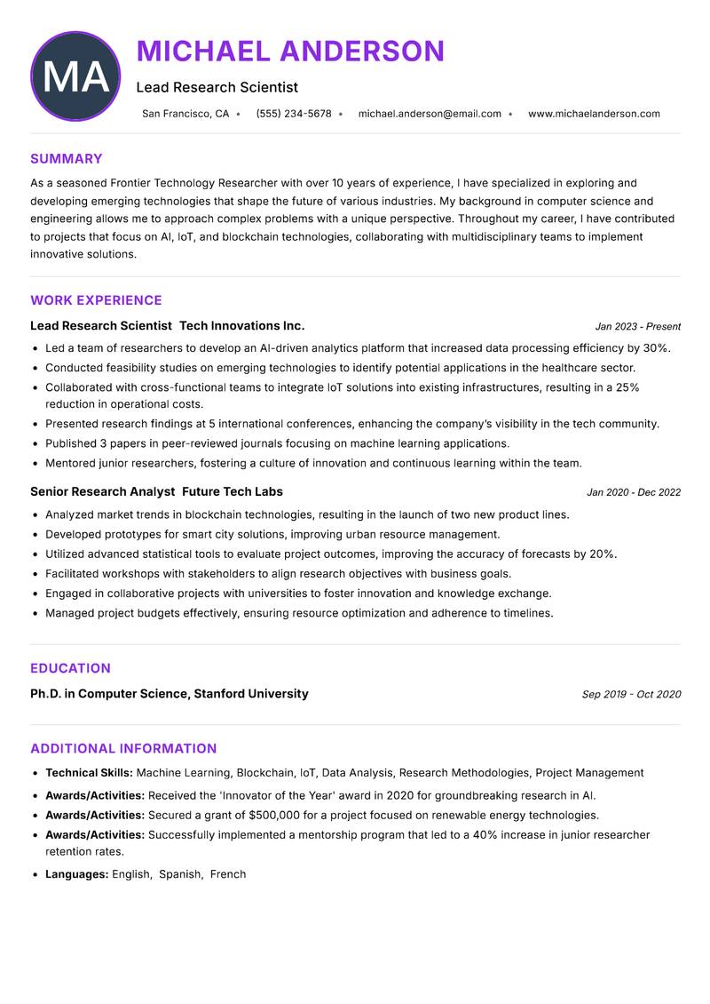 Frontier Technology Researcher Resume Preview Example