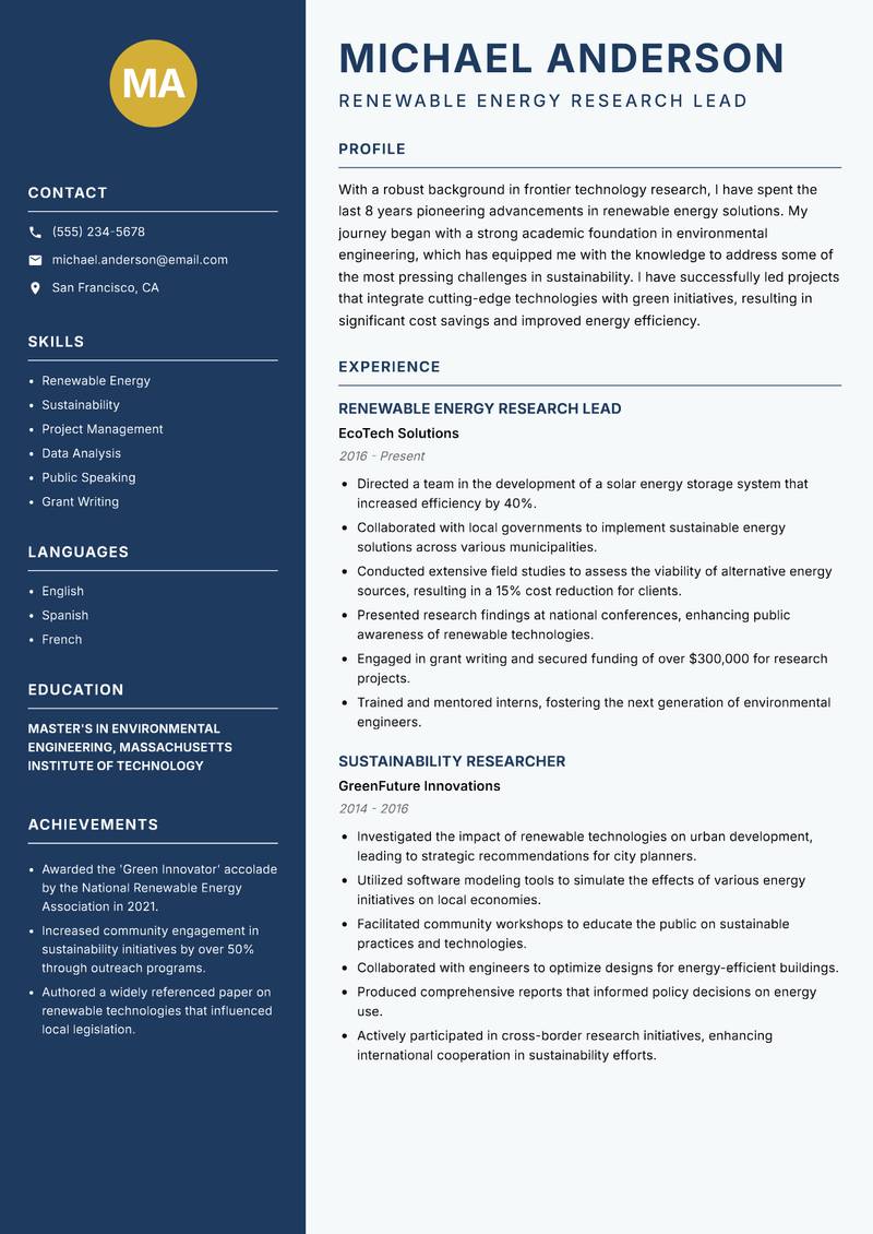 Frontier Technology Researcher Resume Preview Example