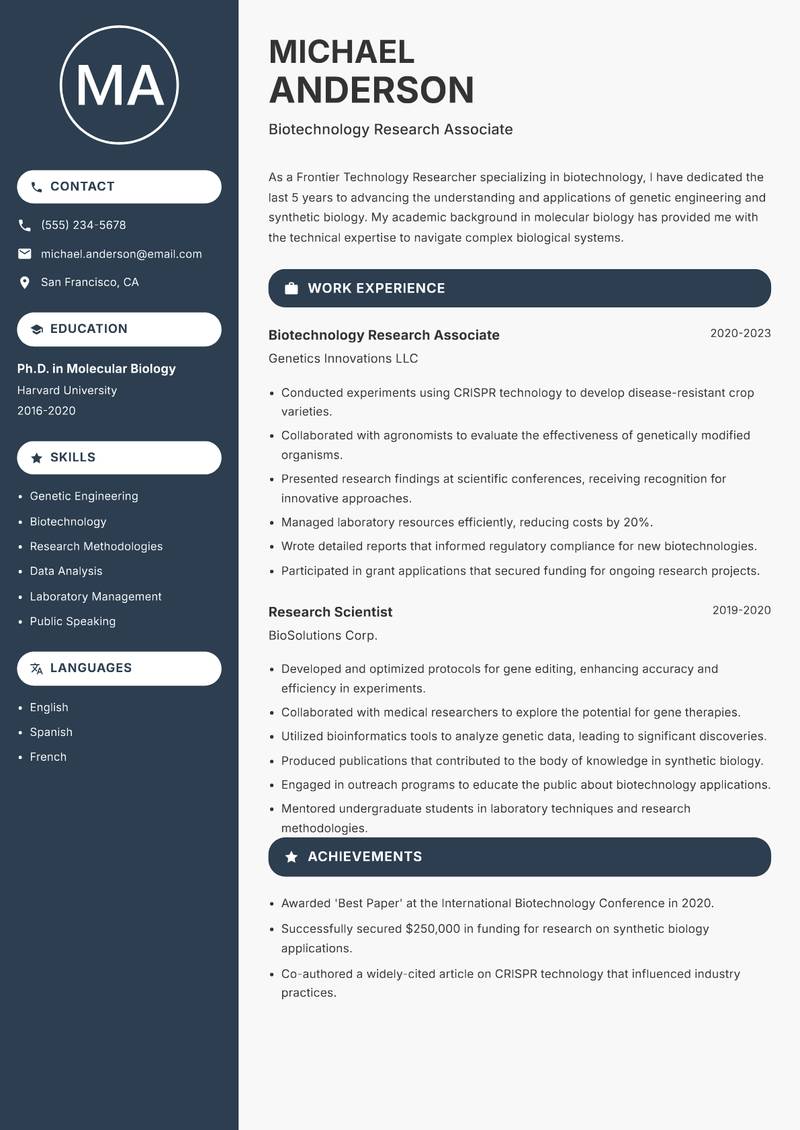 Frontier Technology Researcher Resume Preview Example