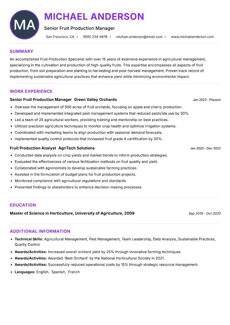 Fruit Production Specialist Resume Preview Example