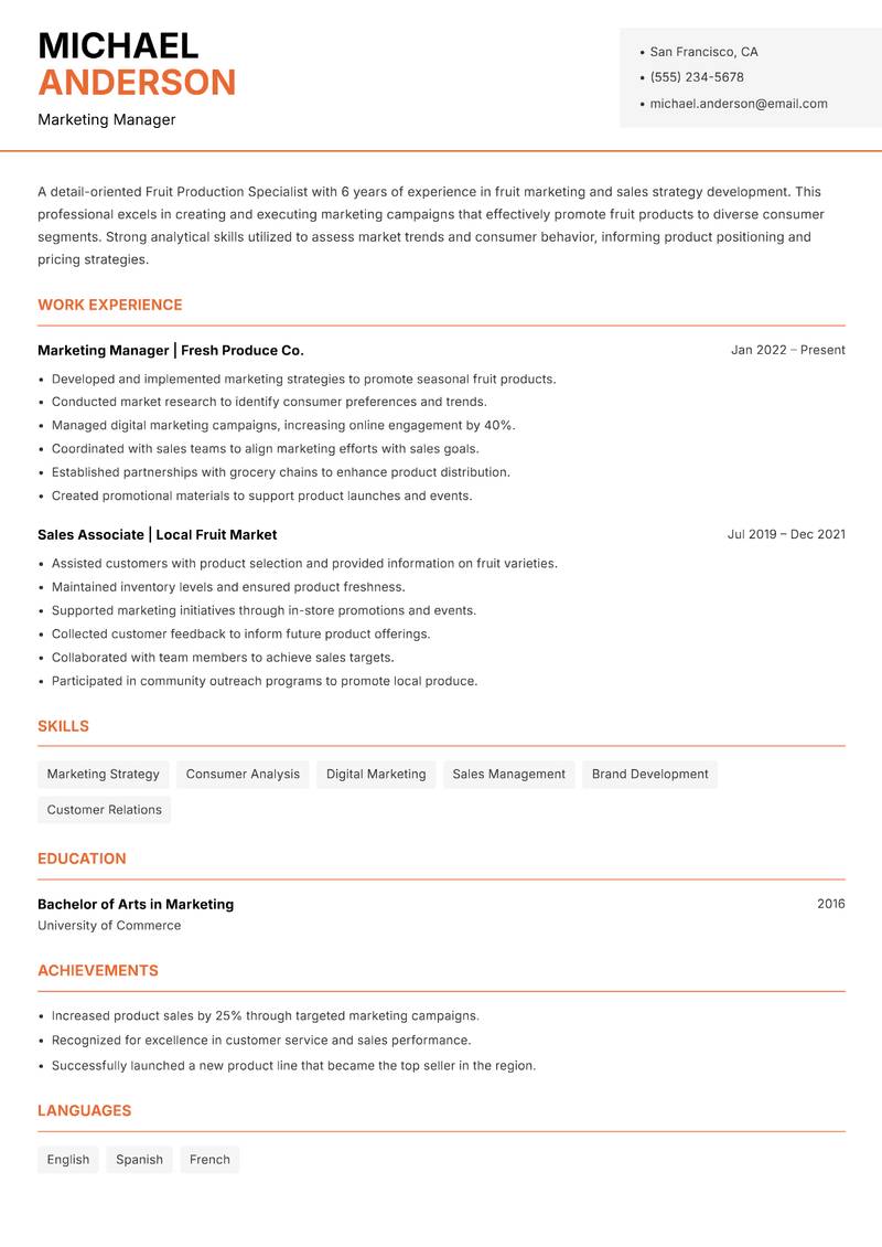 Fruit Production Specialist Resume Template
