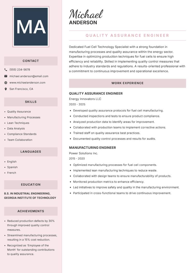 Fuel Cell Technology Specialist Resume Preview Example