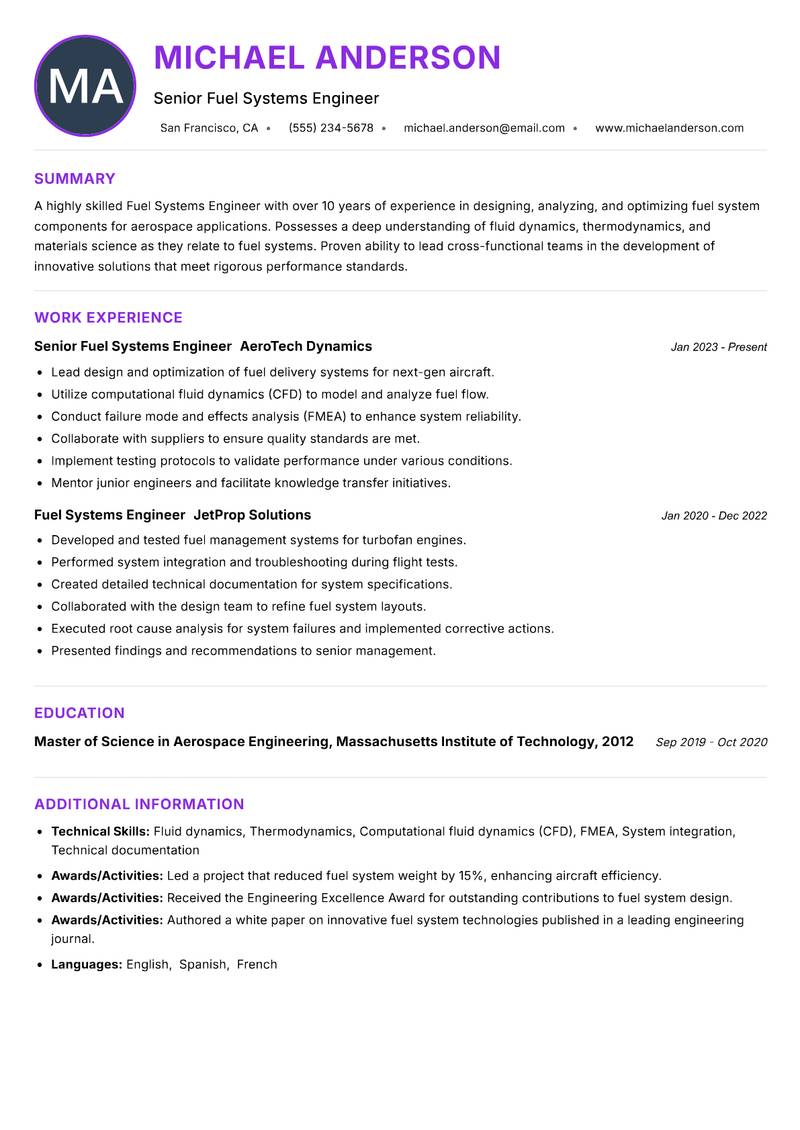 Fuel Systems Engineer Resume Preview Example