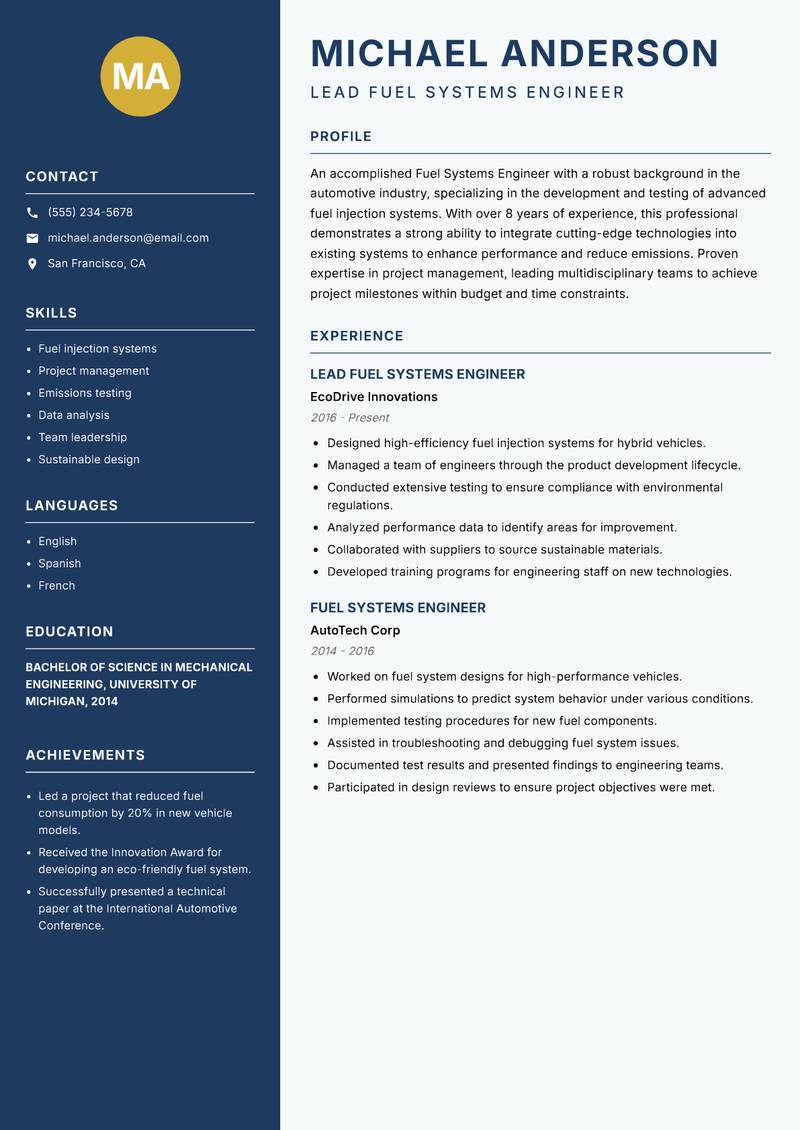 Fuel Systems Engineer Resume Preview Example