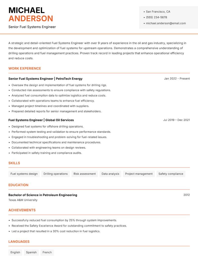 Fuel Systems Engineer Resume Template
