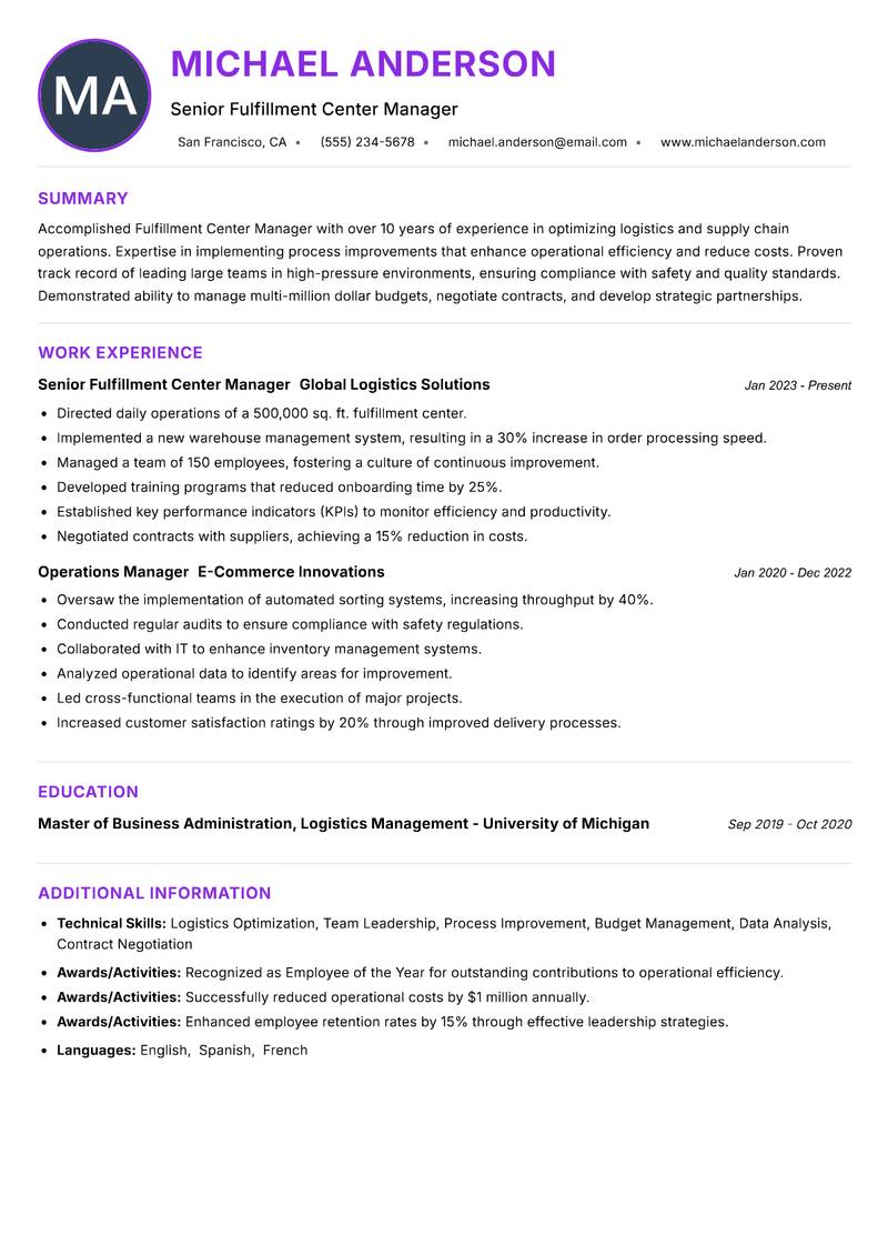 Fulfillment Center Manager Resume Preview Example