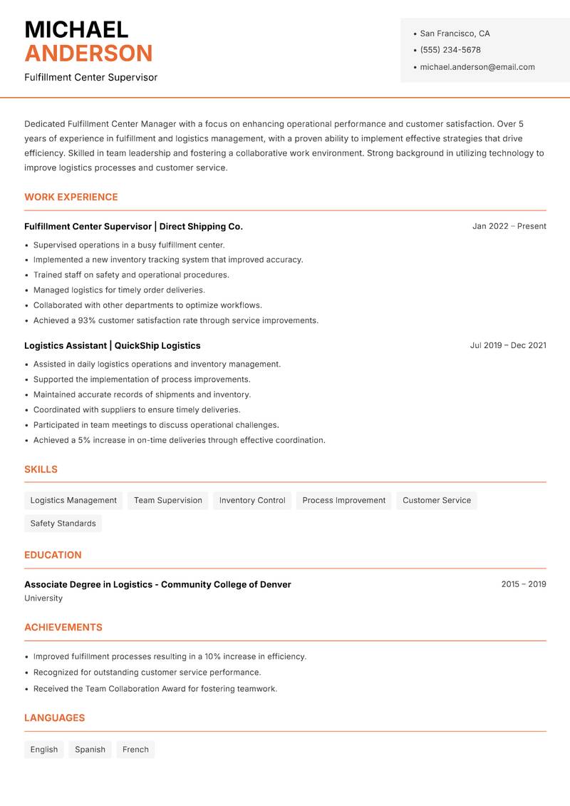 Fulfillment Center Manager Resume Template