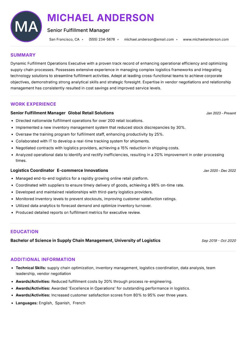 Fulfillment Operations Executive Resume Preview Example