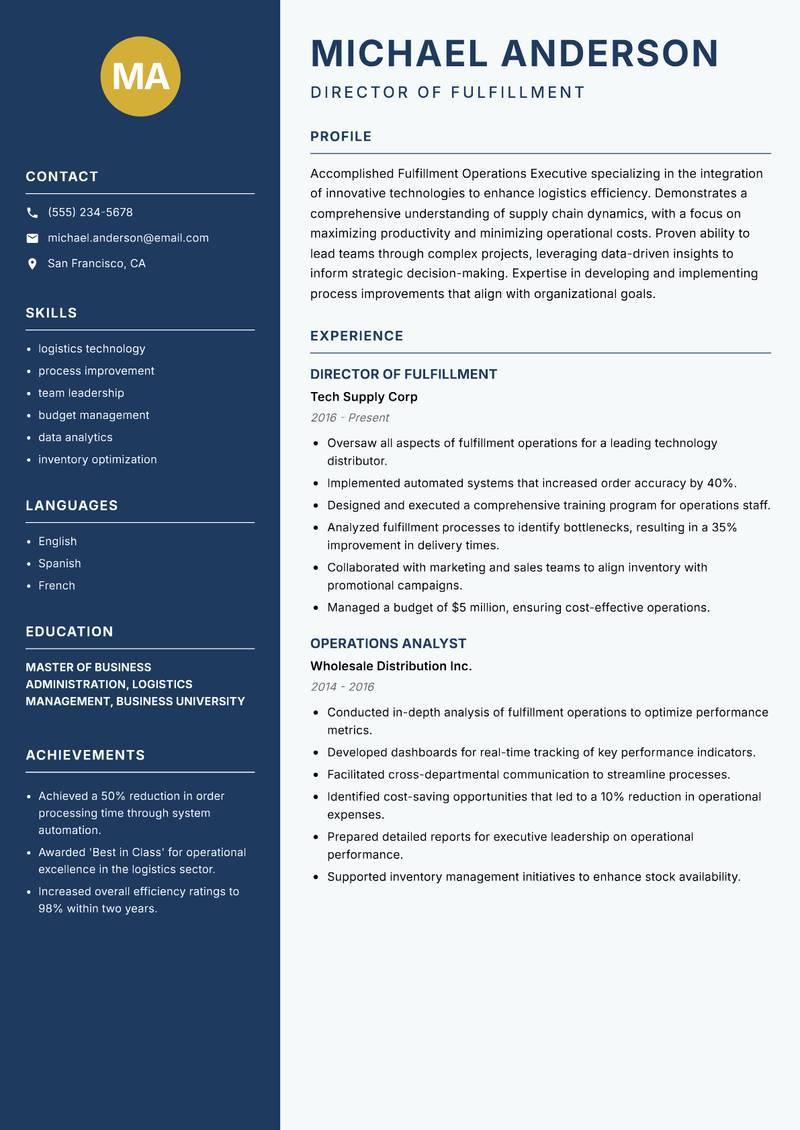 Fulfillment Operations Executive Resume Preview Example