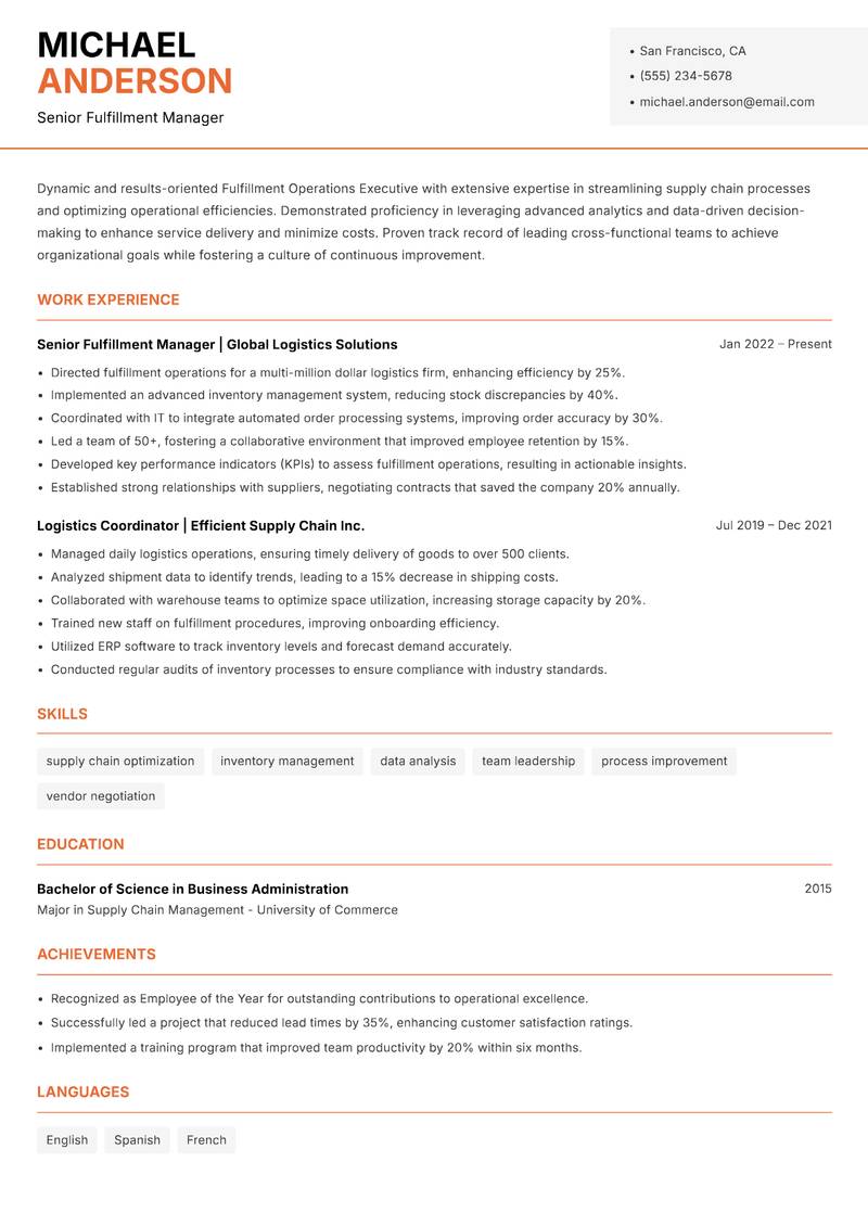 Fulfillment Operations Executive Resume Template