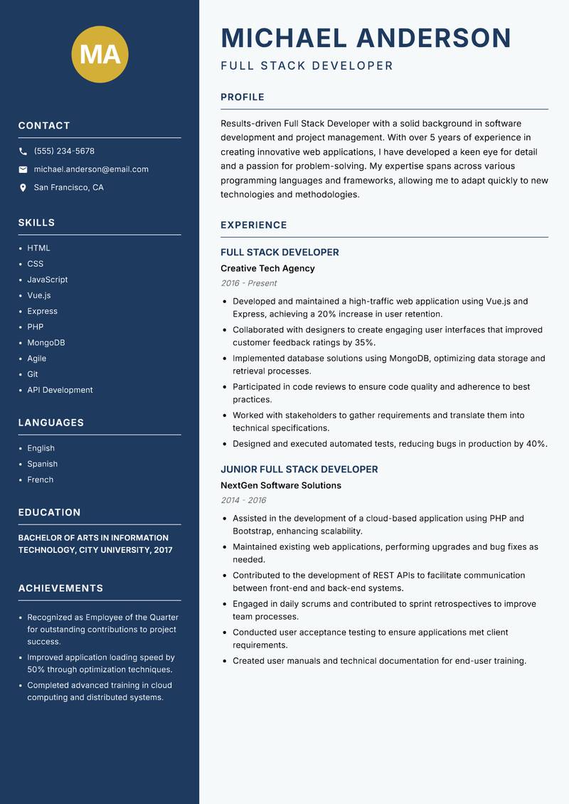 Full Stack Developer Resume Preview Example