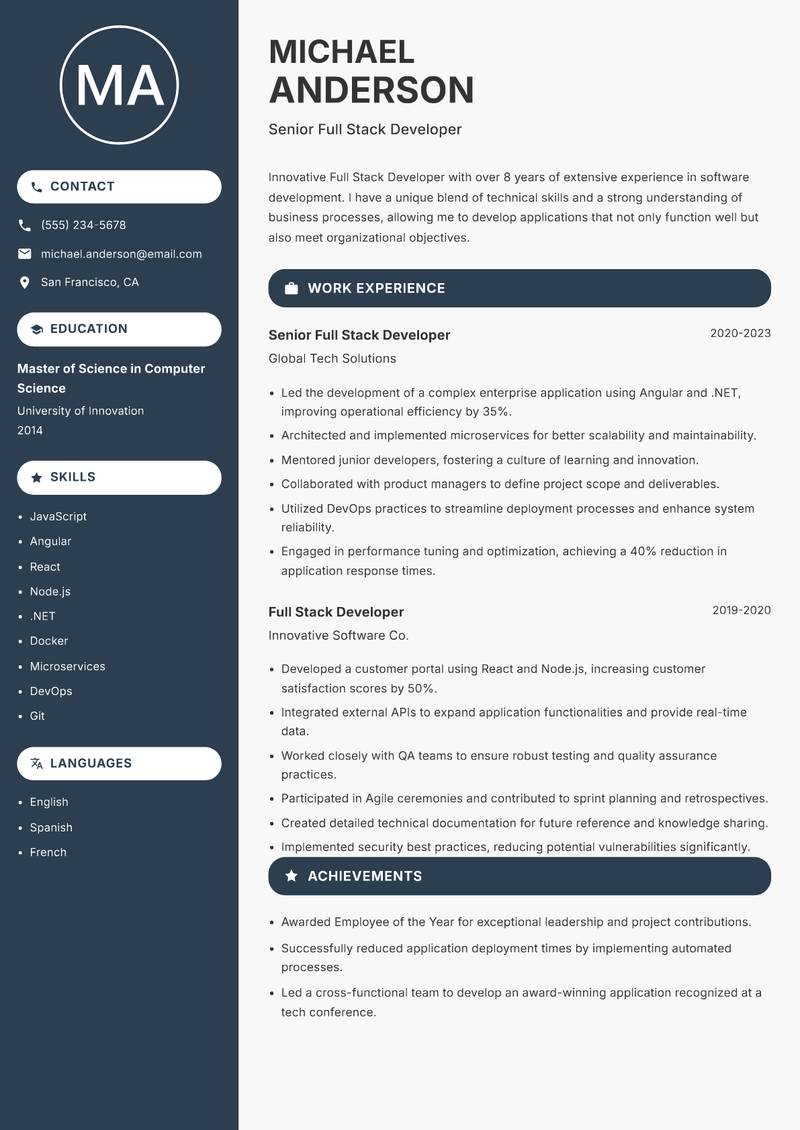 Full Stack Developer Resume Preview Example