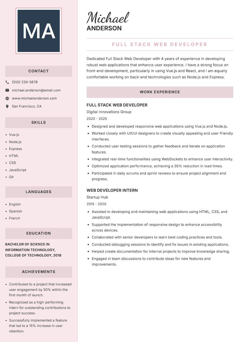 Full Stack Web Developer Resume Preview Example
