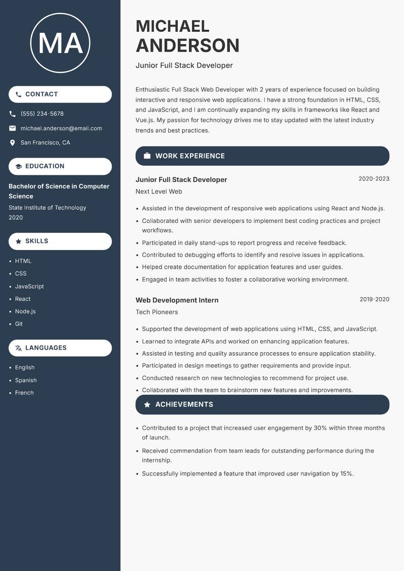 Full Stack Web Developer Resume Preview Example