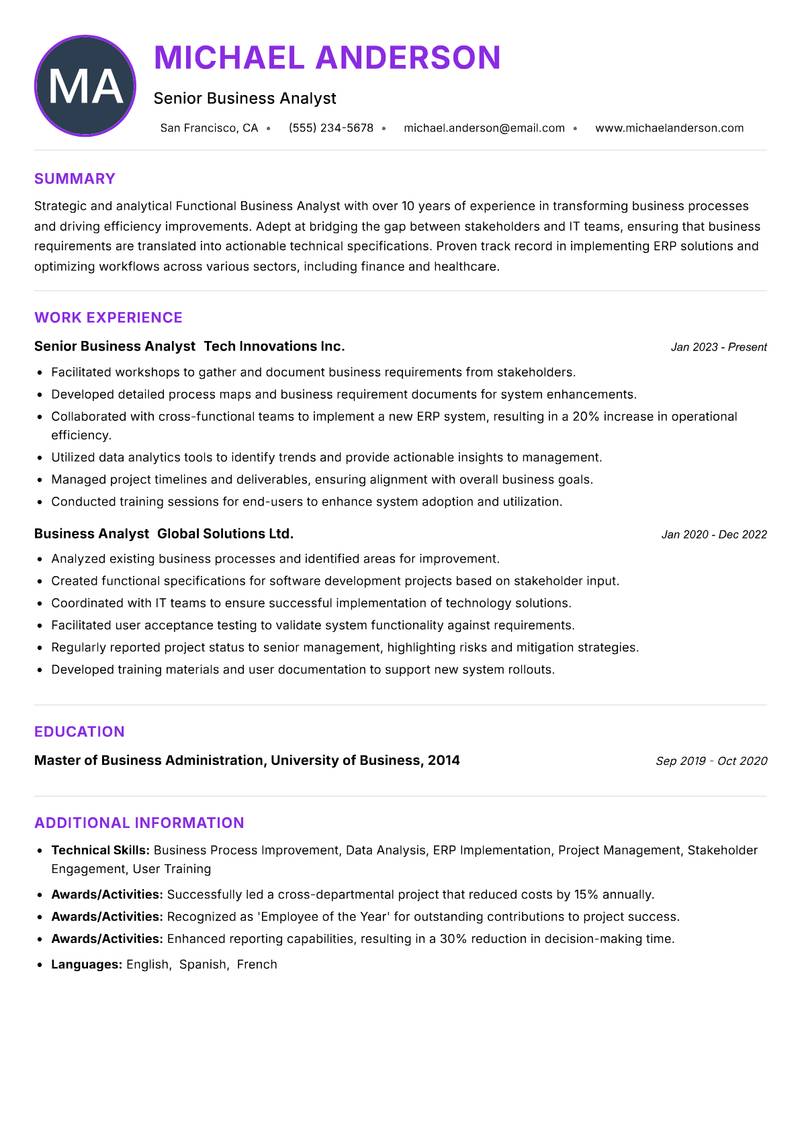 Functional Business Analyst Resume Preview Example