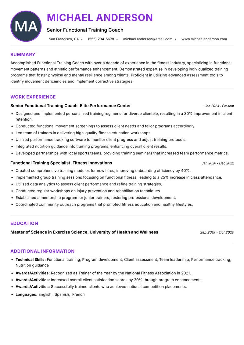 Functional Training Coach Resume Preview Example