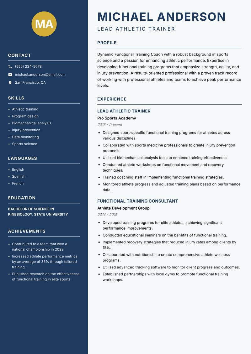 Functional Training Coach Resume Preview Example
