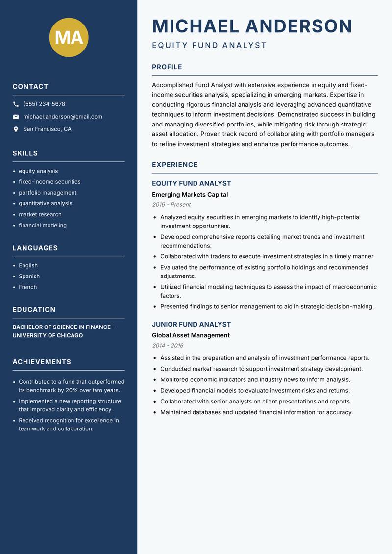 Fund Analyst Resume Preview Example
