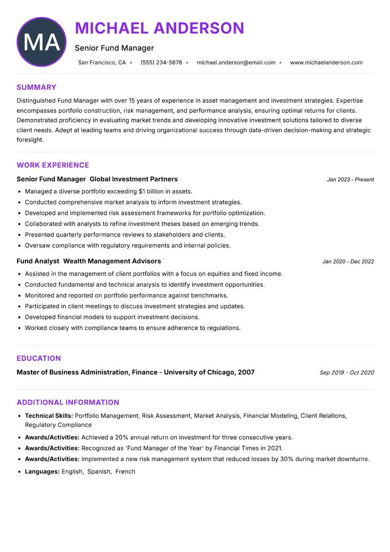 Fund Manager Resume Preview Example