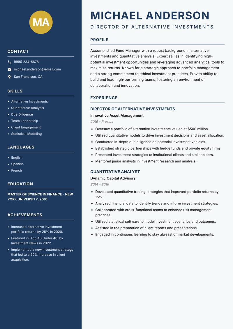 Fund Manager Resume Preview Example
