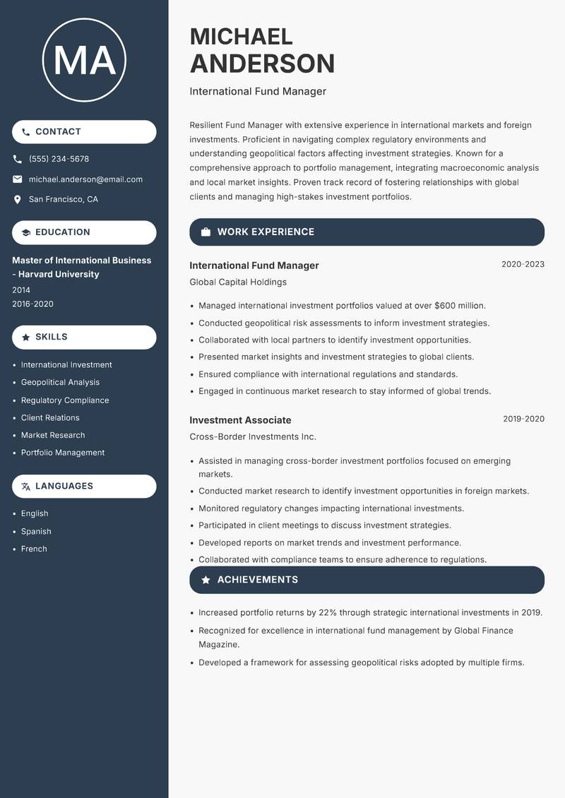 Fund Manager Resume Preview Example