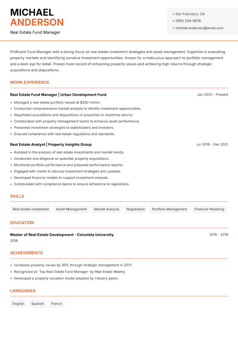 Fund Manager Resume Template