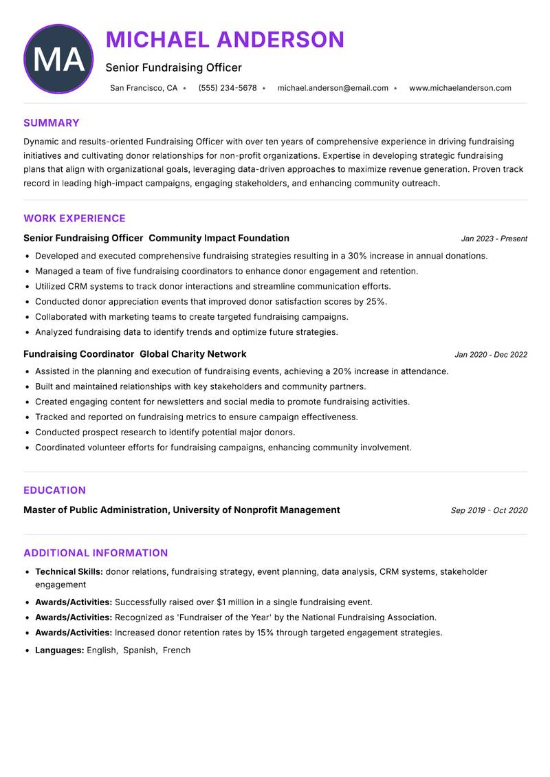 Fundraising Officer Resume Preview Example