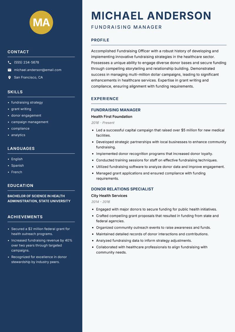 Fundraising Officer Resume Preview Example