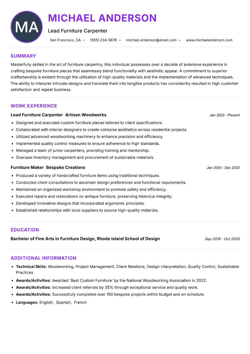 Furniture Carpenter Resume Preview Example