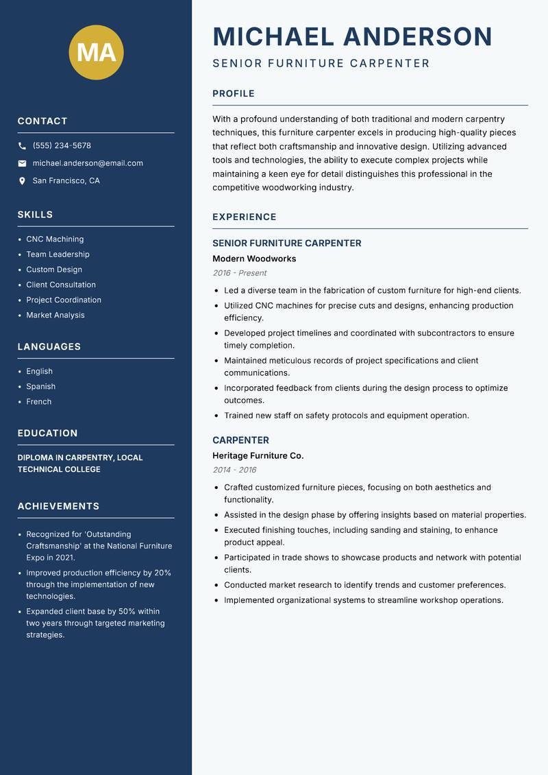 Furniture Carpenter Resume Preview Example