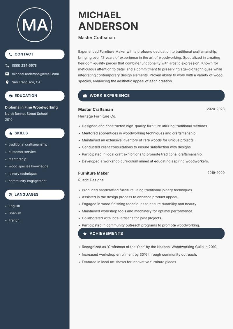 Furniture Maker Resume Preview Example