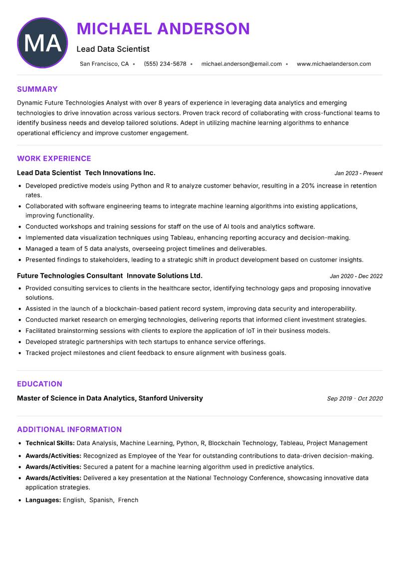Future Technologies Analyst Resume Preview Example