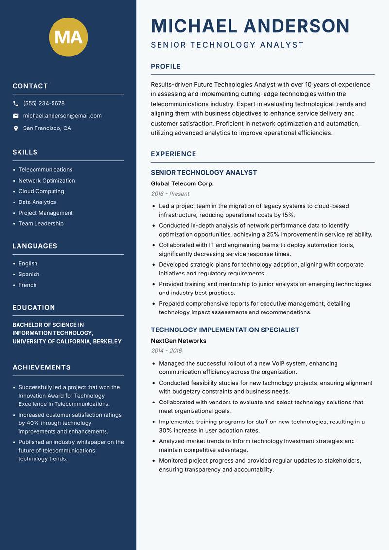 Future Technologies Analyst Resume Preview Example