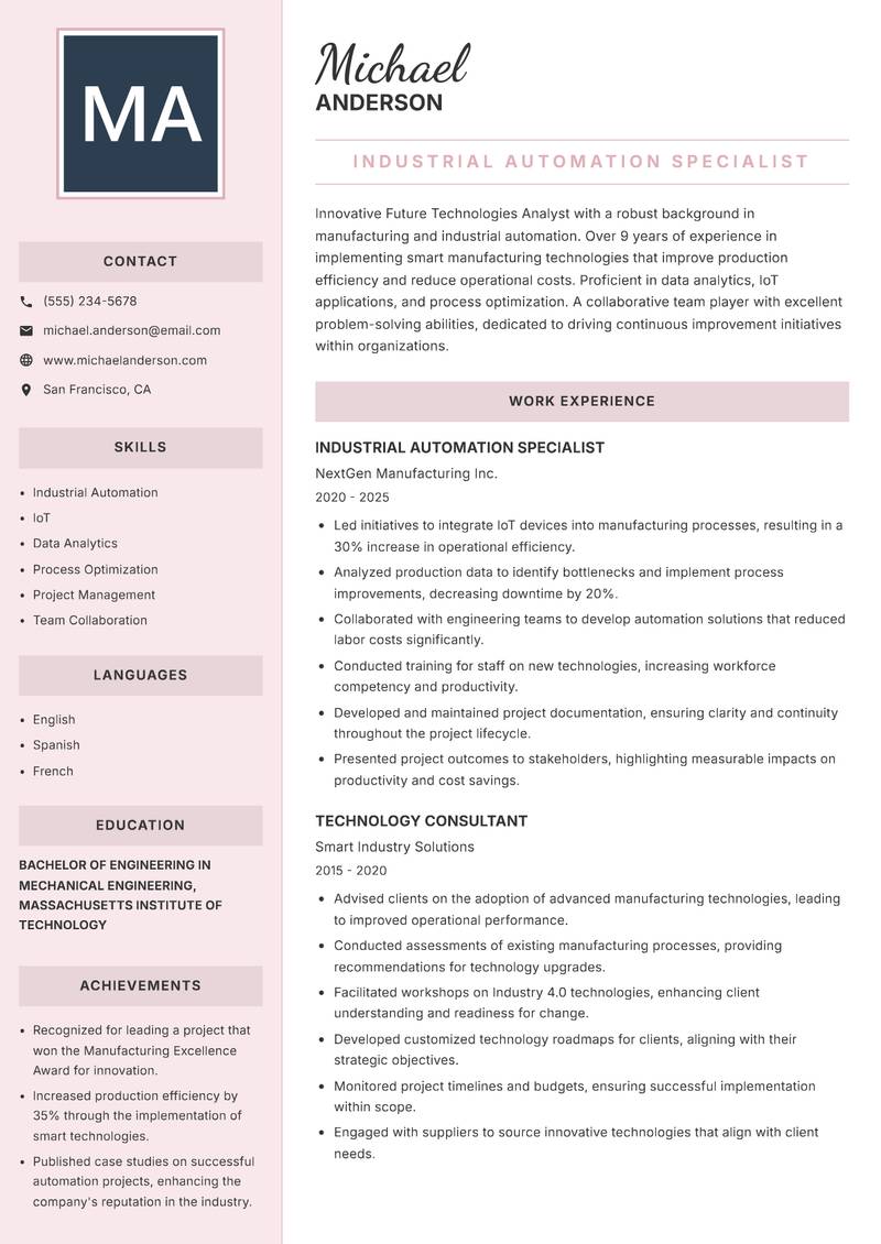 Future Technologies Analyst Resume Preview Example