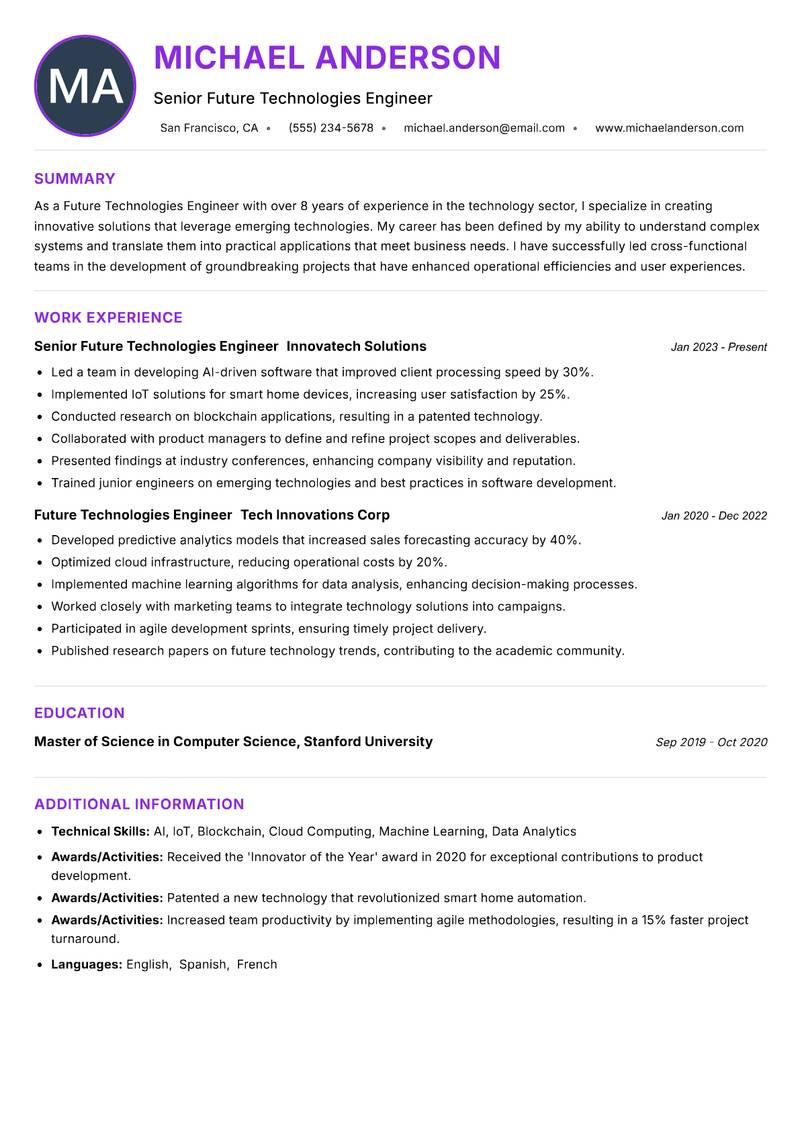 Future Technologies Engineer Resume Preview Example