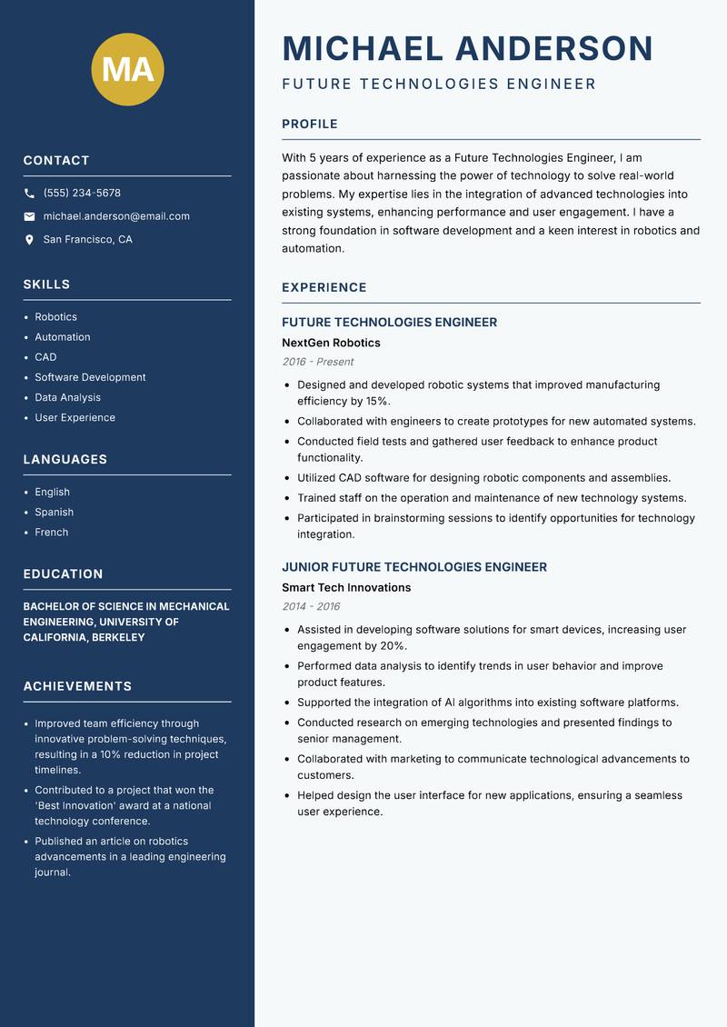 Future Technologies Engineer Resume Preview Example