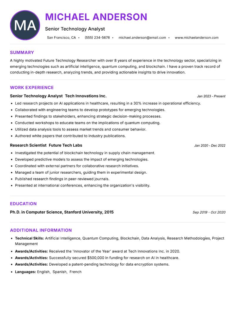 Future Technology Researcher Resume Preview Example