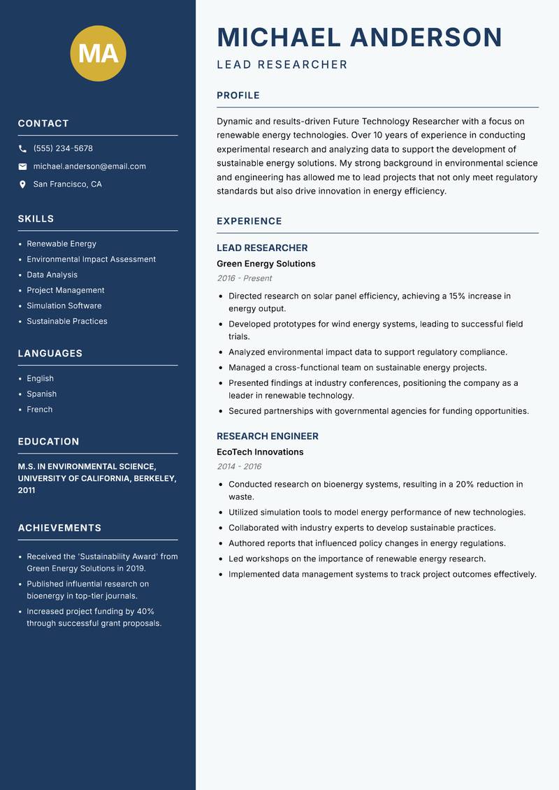 Future Technology Researcher Resume Preview Example