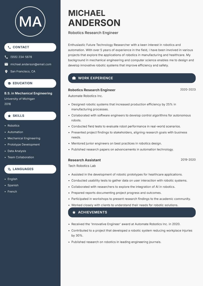 Future Technology Researcher Resume Preview Example