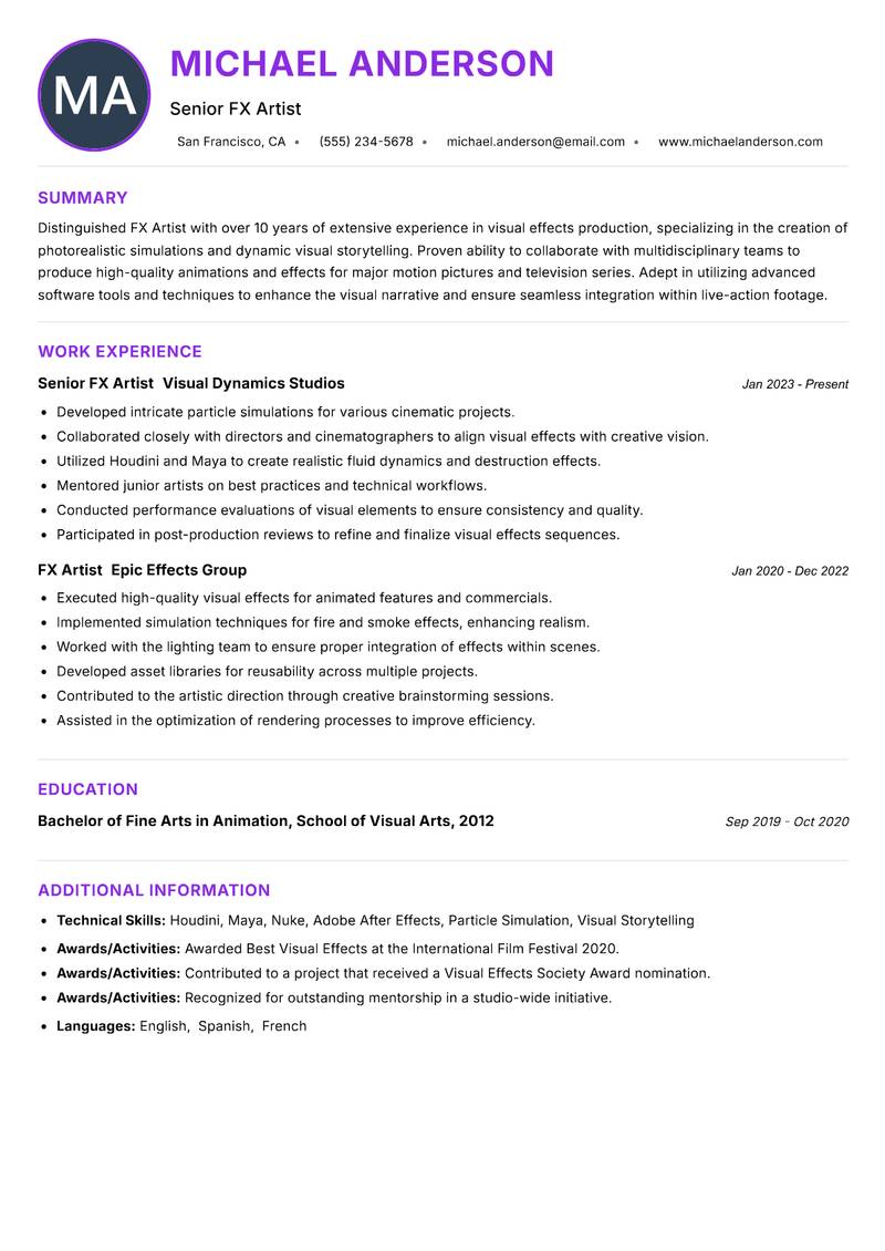 FX Artist Resume Preview Example