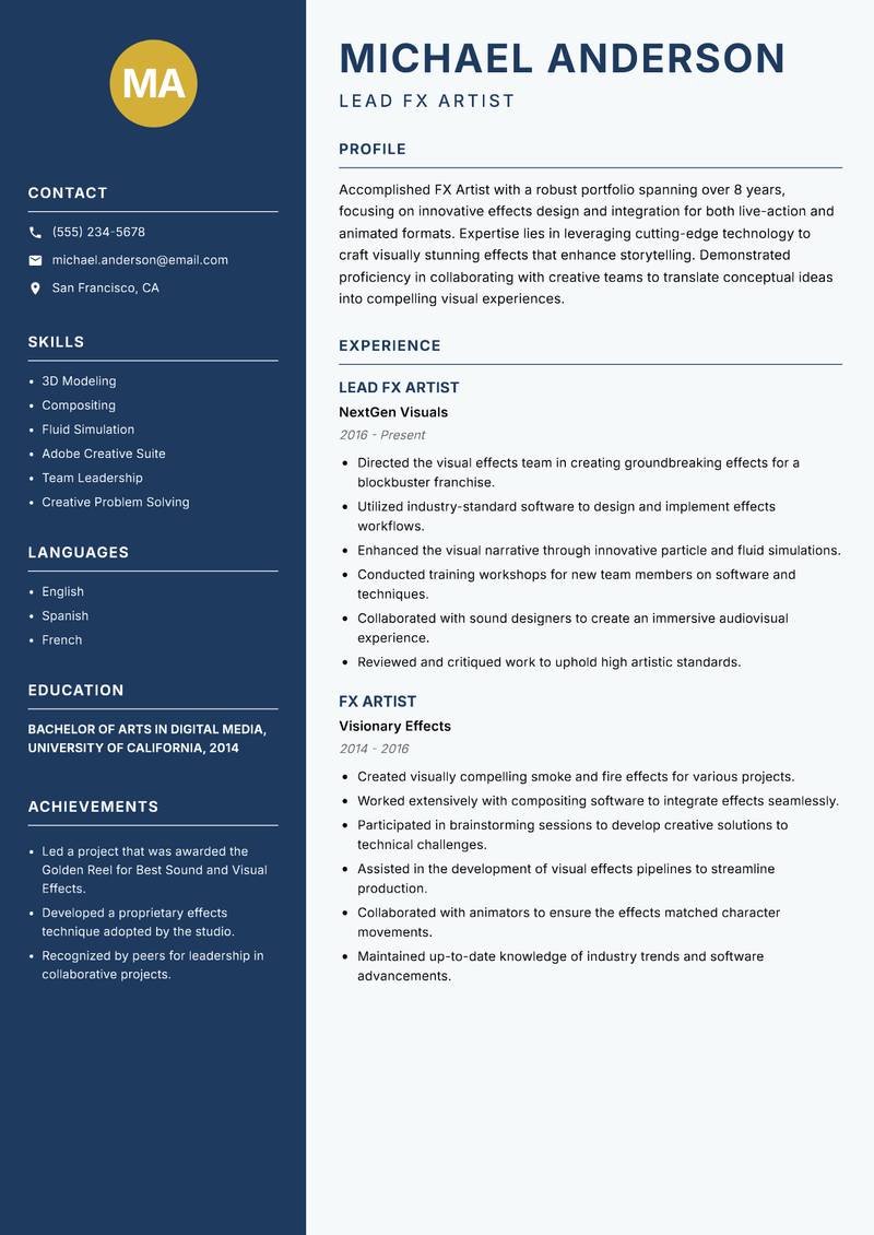 FX Artist Resume Preview Example