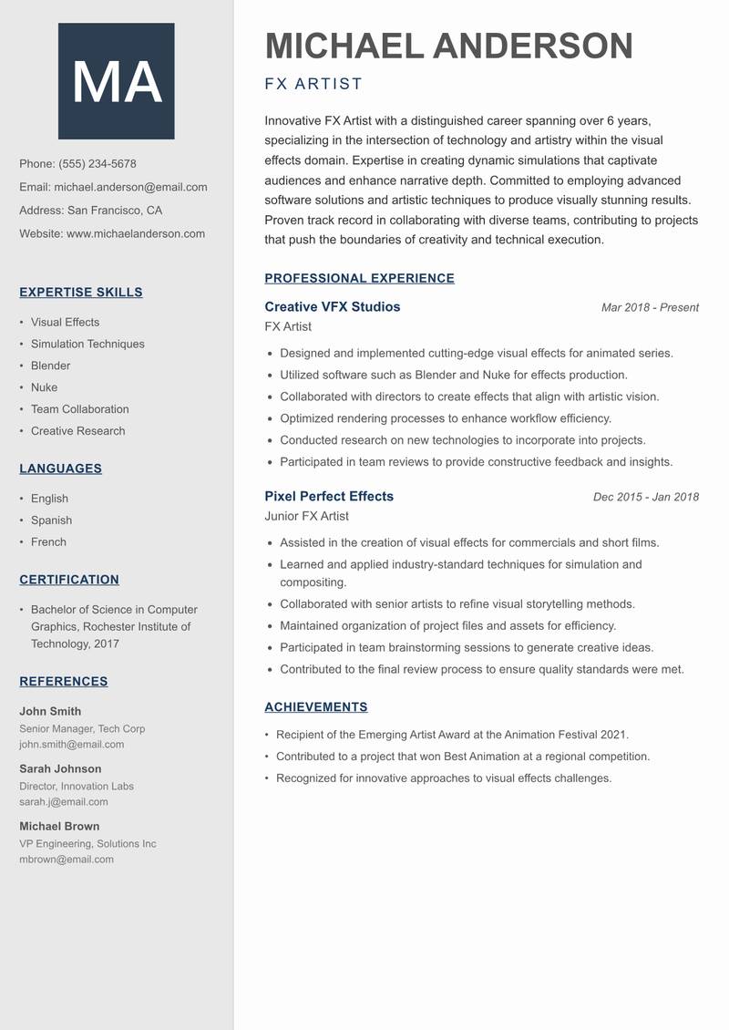 FX Artist Resume Preview Example
