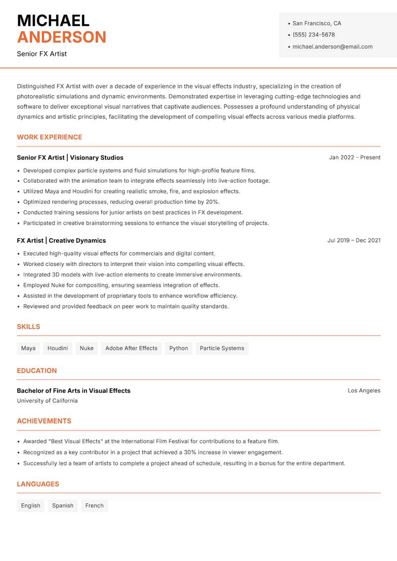 FX Artist Resume Template